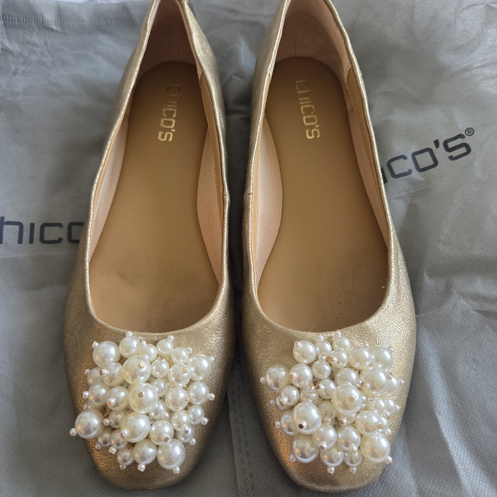 Chico's Metallic Gold Pearl Cluster Ballet Flats
